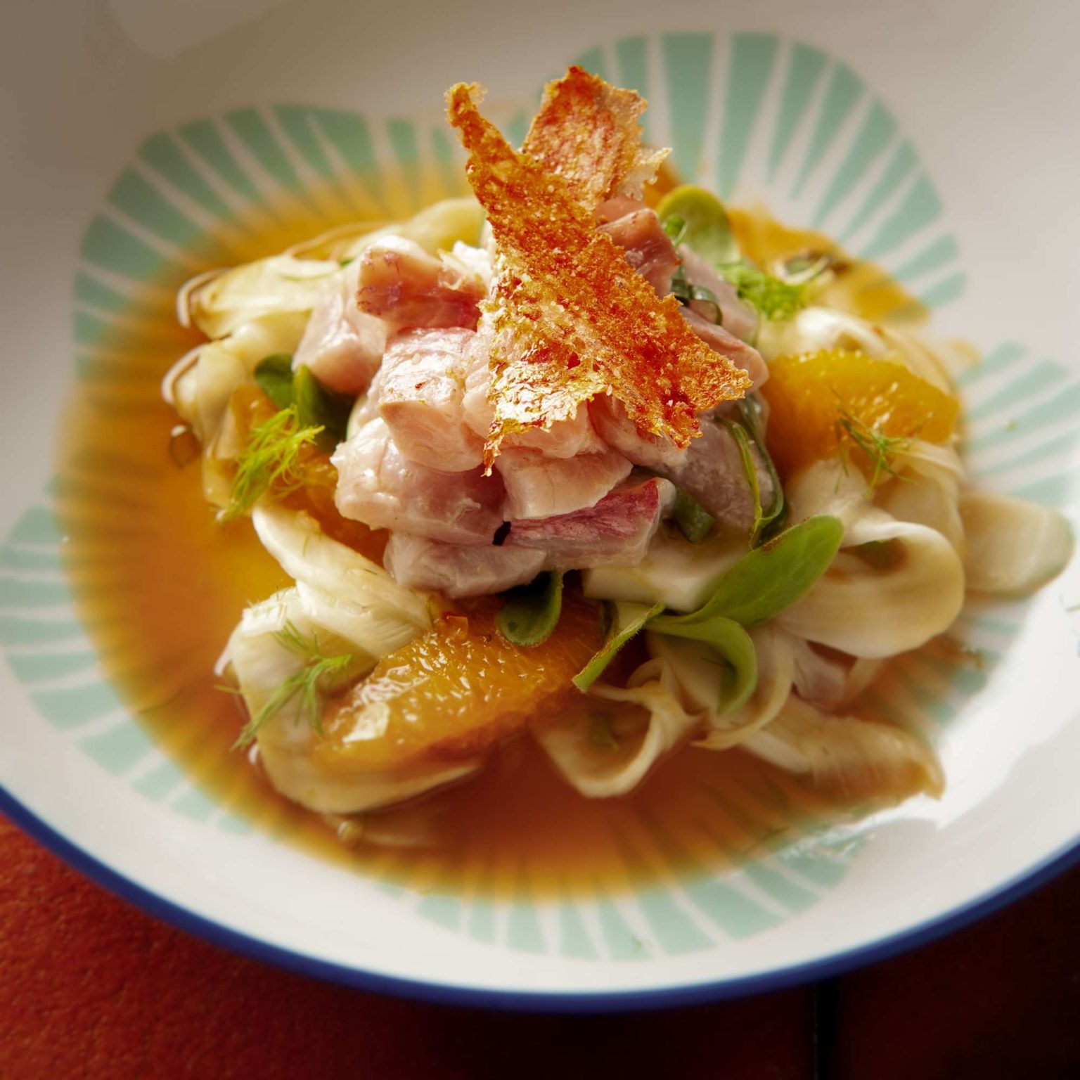 Rotbarbe mit Fenchel, Orange und krosser Haut - Effilee