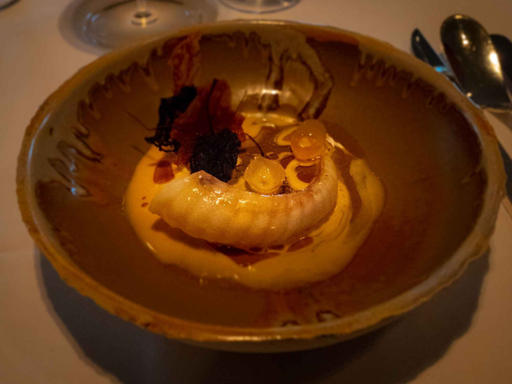 Monkfish with Eggplant, Roasted Garlic and Beurre Blanc with fermented Pepper Juice - Jonnie Boer