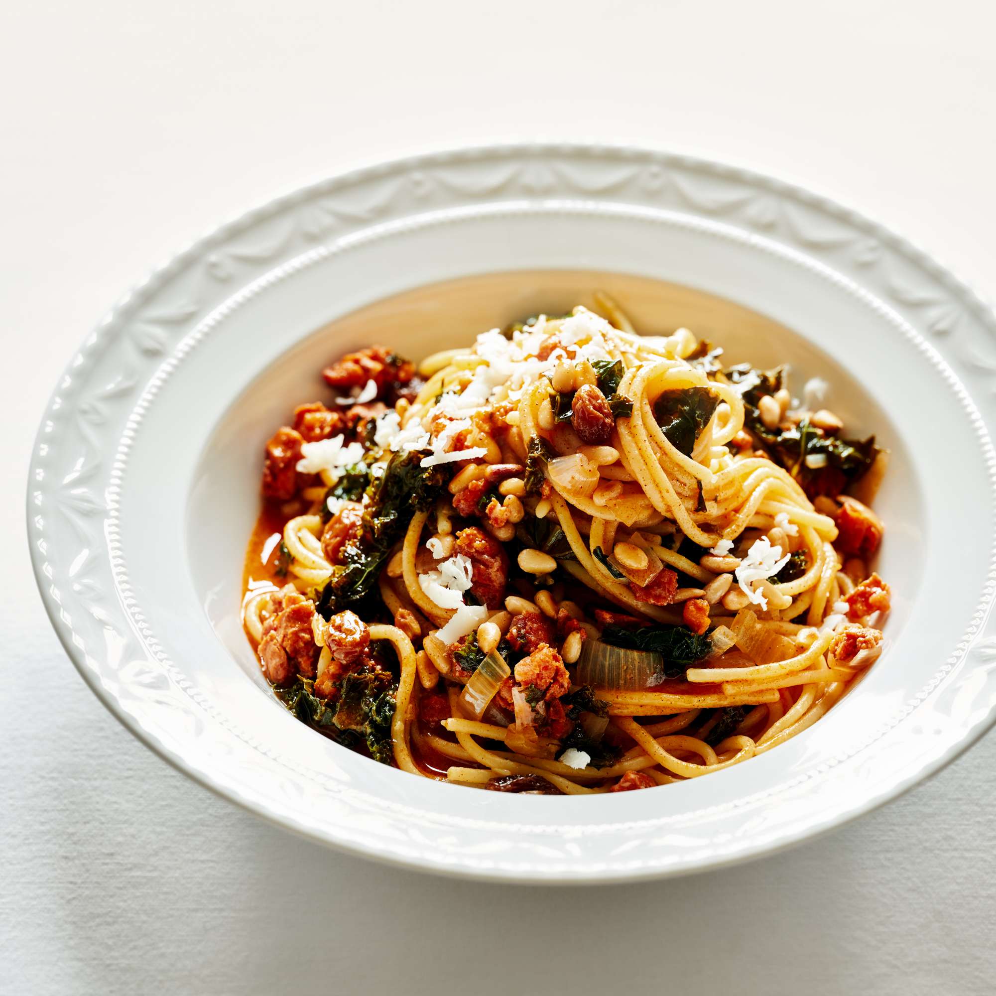 Spaghetti mit Chorizo, Grünkohl und Manchego