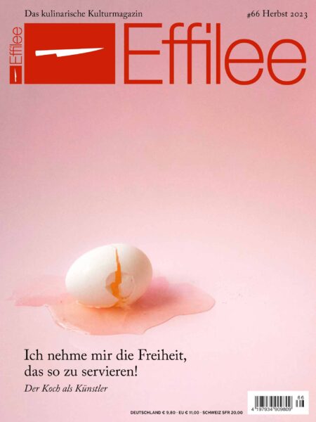 Titel Effilee 66, zerbrochenes Ei auf rosa Hintergrund
