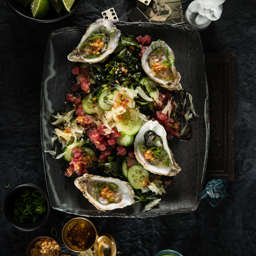 Pomelo mit Algen-Thunfisch-Salat und Austern - Effilee